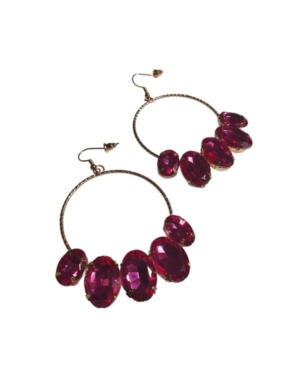 Oval Cut Fushsia Gemstone Hoop Earrings Lightweight Costume Fashion Jewelry Pink